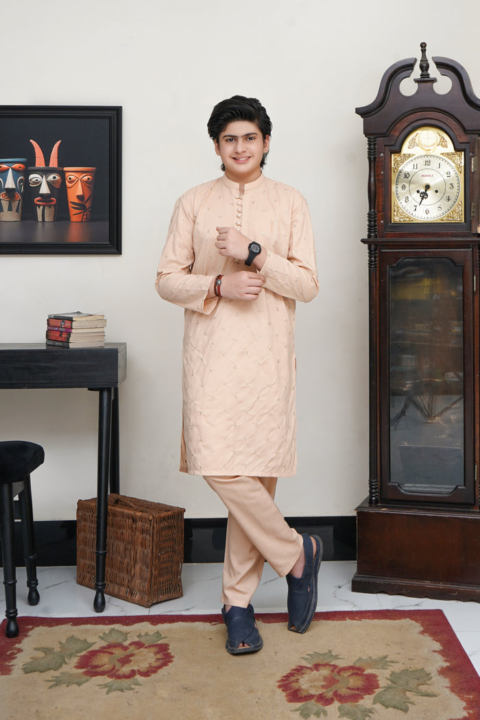 CREAM KID'S EMBROIDED WASH & WEAR KURTA SET