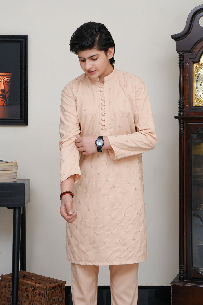 CREAM KID'S EMBROIDED WASH & WEAR KURTA SET