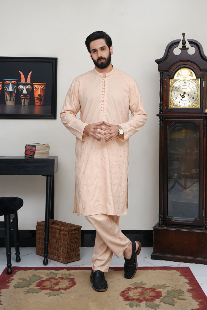 CREAM MEN'S EMBROIDED WASH & WEAR KURTA SET