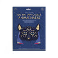 Packaging of Egyptian gods animal masks with a blue background and mask illustration.