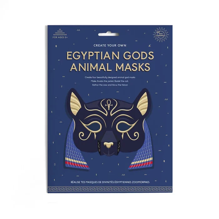 Packaging of Egyptian gods animal masks with a blue background and mask illustration.