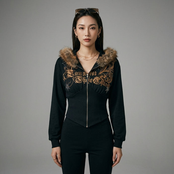 Sweatshirt court noir à col douillet, imprimé, style streetwear K-fashion. Idéal pour femme. - Taille S