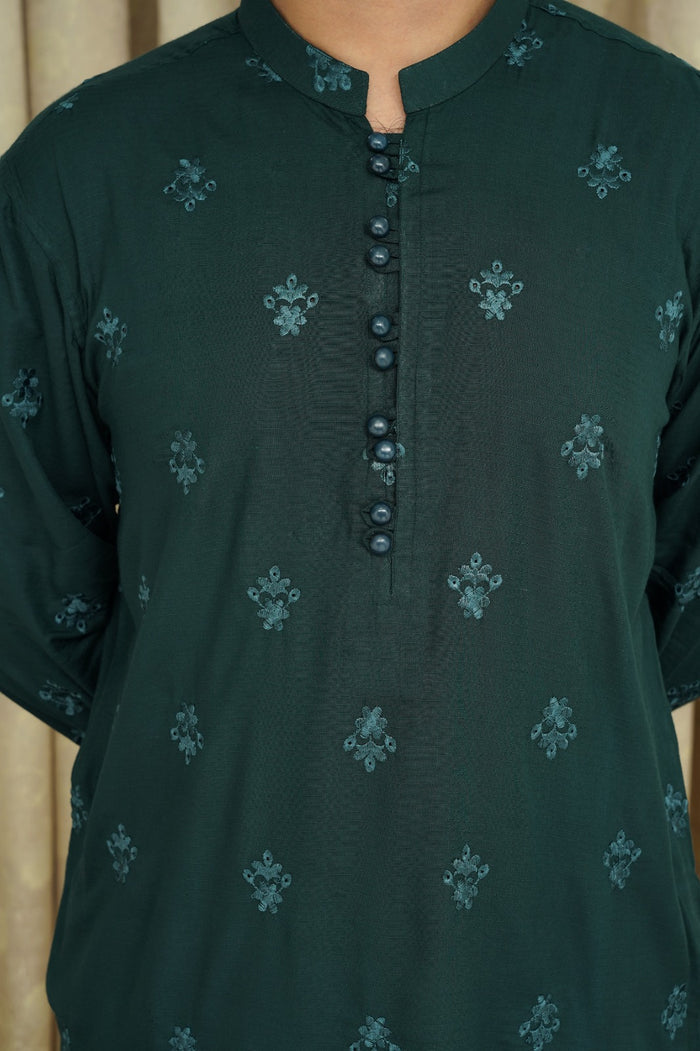 DARK GREEN EMBROIDED MEN'S KURTA