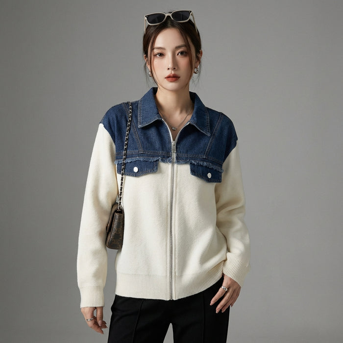 Gilet zippé en denim et maille, coupe ample, style streetwear K-fashion - Taille One size