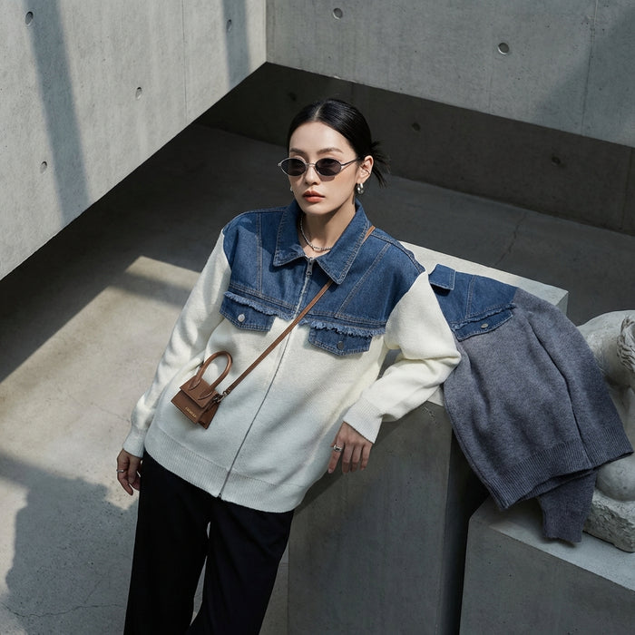 Gilet zippé en denim et maille, coupe ample, style streetwear K-fashion