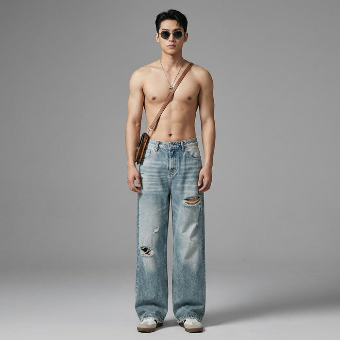 Jean droit délavé bleu avec trous - K-fashion unisexe - Taille S