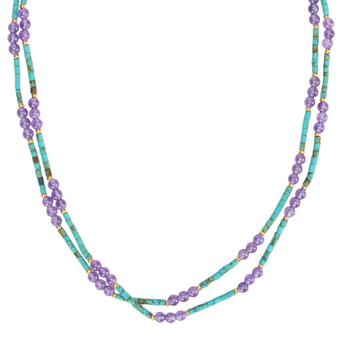 Multicolored beaded necklace on a white background