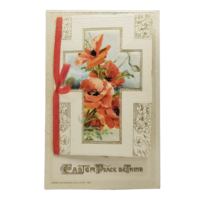 Easter Postcard Attached Mechanical Poem Booklet Poppies & Landscape Winsch Publishing