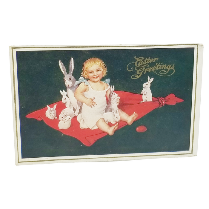 Easter Postcard Toddler Playing on Blanket Covered in Bunny Rabbits & Painted Eggs