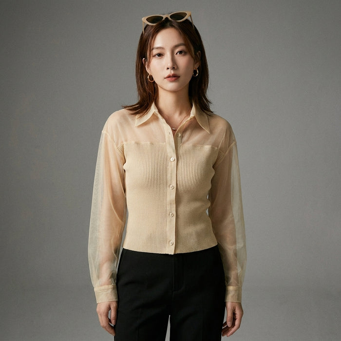 Chemisier femme en maille tricotée avec col et manches longues - Koreanxwear - Taille .XS