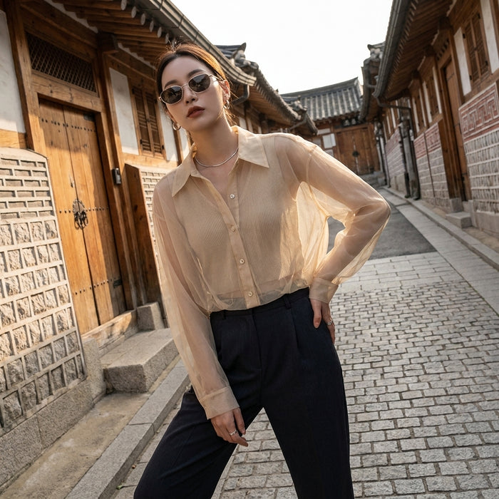 Chemisier femme en maille tricotée avec col et manches longues - Koreanxwear