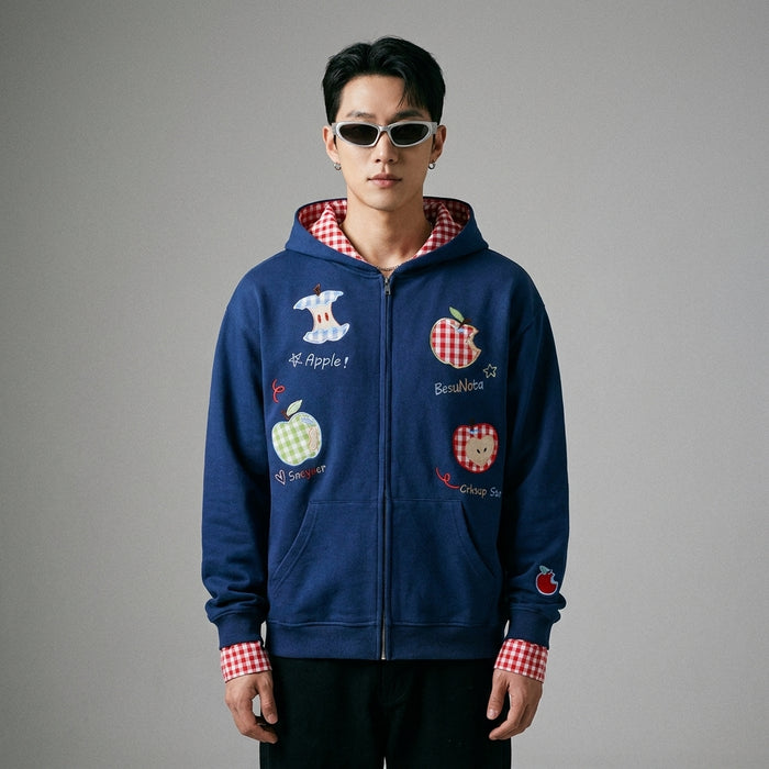 Cardigan hoodie bicolore à carreaux brodé, style streetwear K-fashion - Taille S