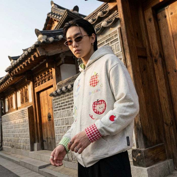 Cardigan hoodie bicolore à carreaux brodé, style streetwear K-fashion