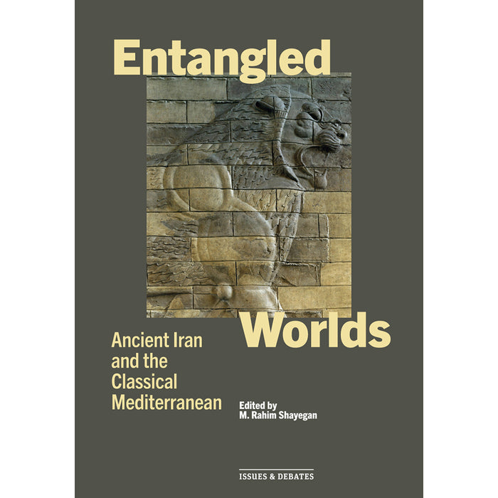 Book cover of 'Entangled Worlds: Ancient Iran and the Classical Mediterranean' with a stone lion relief.