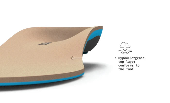 Close-up of a shoe insole with a blue border on a white background and a hypoallergenic top layer call out
