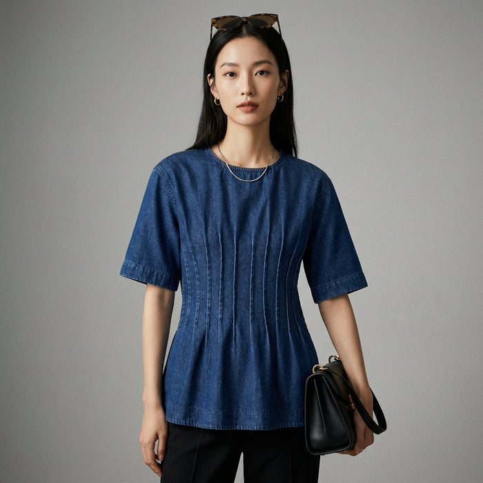 Chemisier denim cintré manches courtes col rond - Koreanxwear - Taille XS