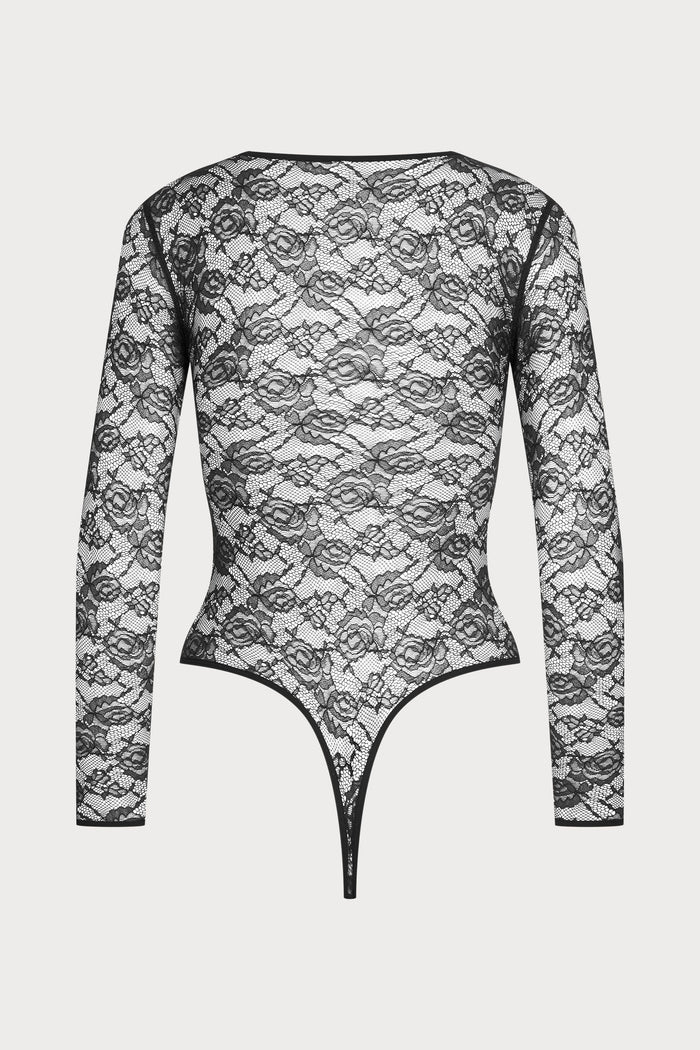 Maison Close Flashback V Neck Long Sleeve Lace Thong Bodysuit Black