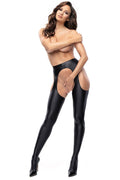 MissO Glossy Opaque Black Strip Panty Tights SP800