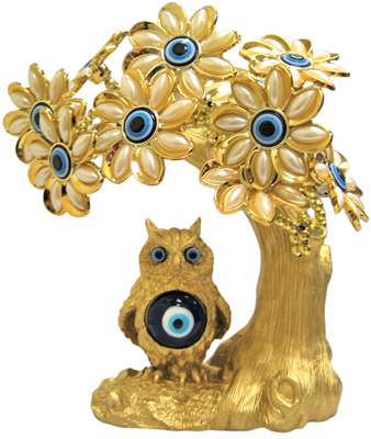 Gold colored Evil Eye Bonsai tree with Owl and White Flowers Model M-13