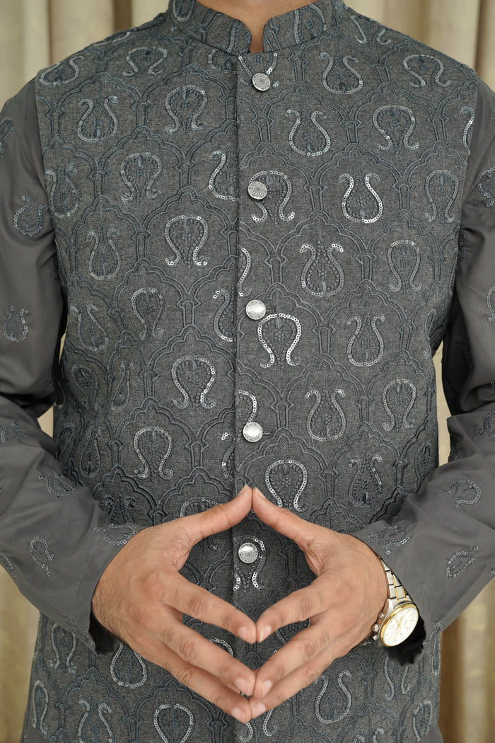 GRAY SEQUENCE EMBROIDERY MEN'S WAIST COAT