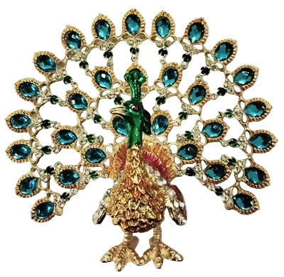 Green head Peacock with upward Opened Blue and Green Feathers- Bejeweled Trinket Box TRNK-5349-Blue