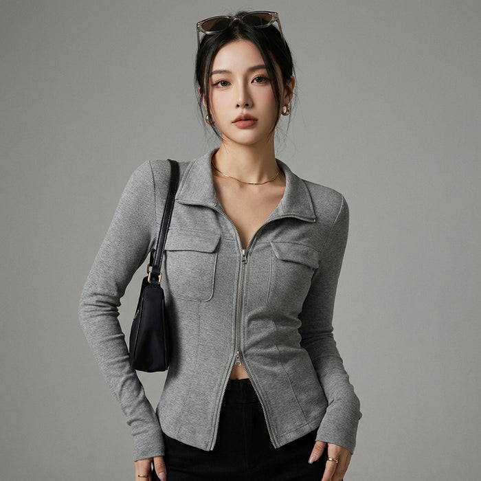 Top polo zippé gris en tissu côtelé pour femme - Mode K-fashion - Taille S