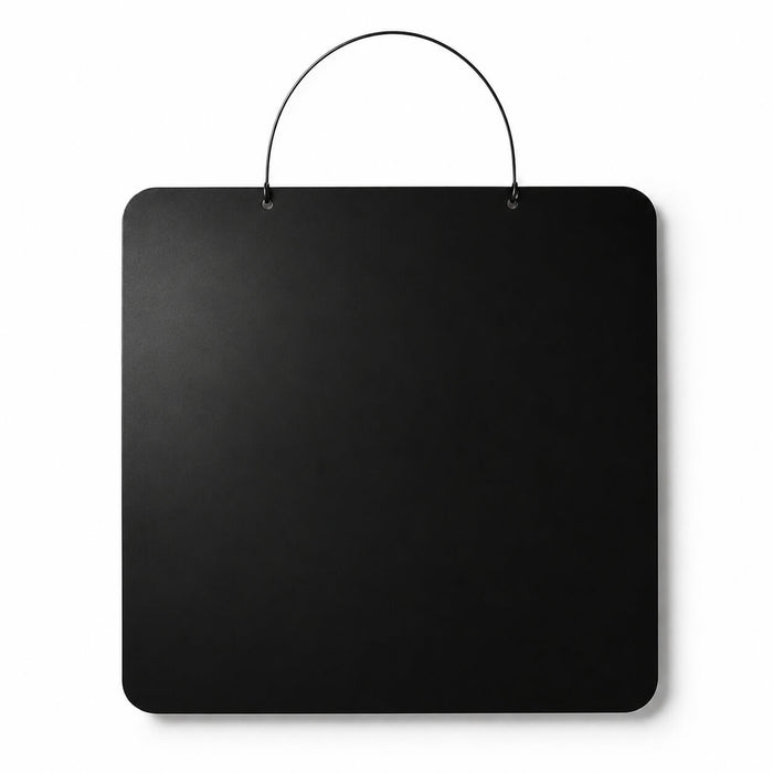 Blank 14x14 square hanging chalkboard with a wire handle against a plain white background