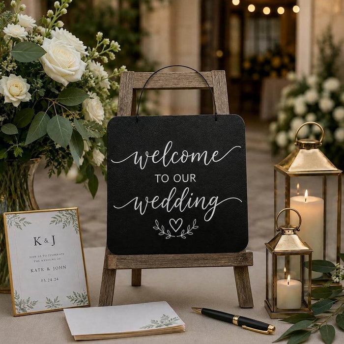 14x14 hanging chalkboard on an easel with wedding text, surrounded by candles and flowers