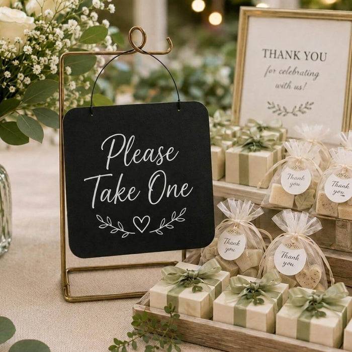 14x14 hanging chalkboard on an easel with wedding text, surrounded by candles and flowers