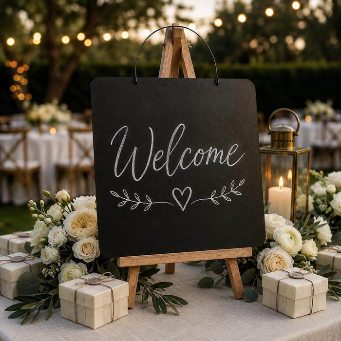 14x14 hanging chalkboard on an easel with a 'Welcome' message, surrounded by flowers and candles