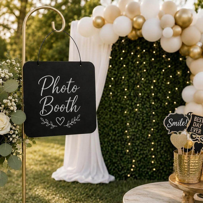 14x14 hanging chalkboard on a stand with 'Photo Booth' text near a party backdrop