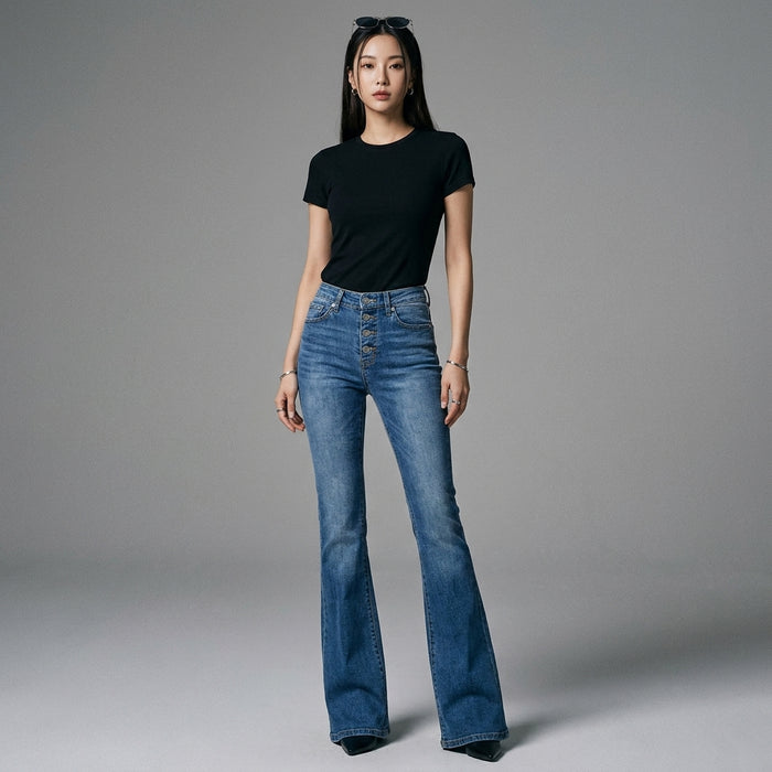 Jean flare taille haute stretch bleu - Koreanxwear - Taille S