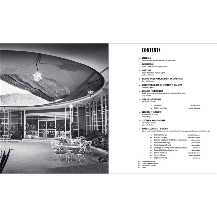 A black and white printed program or booklet spread showing a large interior architectural photograph on the left and a contents page with text on the right.