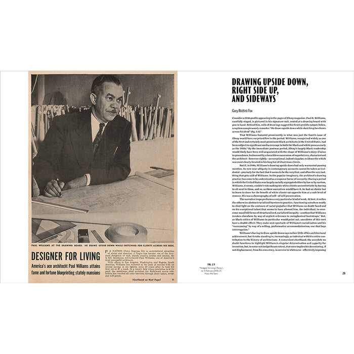 A vintage magazine or book spread showing a black-and-white article about Paul Williams, with a large photo of him at a drafting table on the left and columns of text on the right.