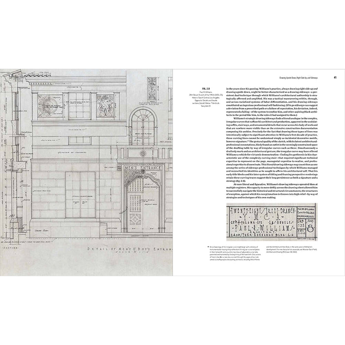 An open book or magazine spread showing an architectural drawing on the left page and a text page with an inset architectural detail on the right page.