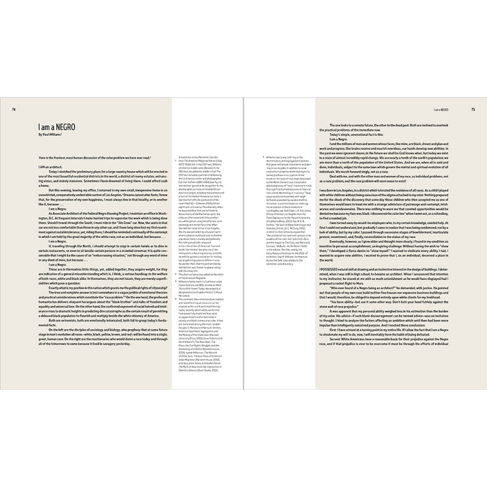 An open book or magazine spread showing two printed pages with text. The left page has a beige header with the title 'I am a NEGRO' and body text below, while the right page contains multiple columns of text on a white background.