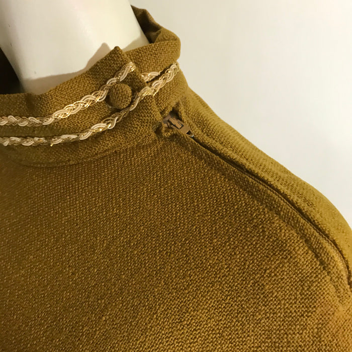 Hippie Chic Cinnamon Hopsack Tunic Metallic Gold Trim Zip Shoulder circa 1970s