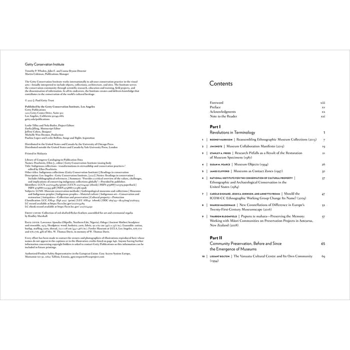 A two-page spread of a printed book showing the front and back table of contents, with dense black text on a white page and a small logo at the bottom left.