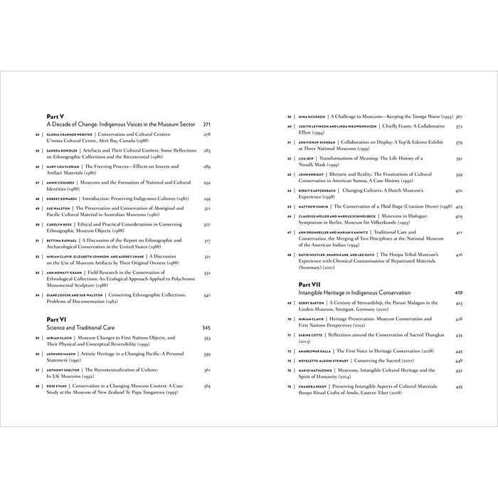 A printed page showing the table of contents for a book or publication, with two columns of black text on a white page.