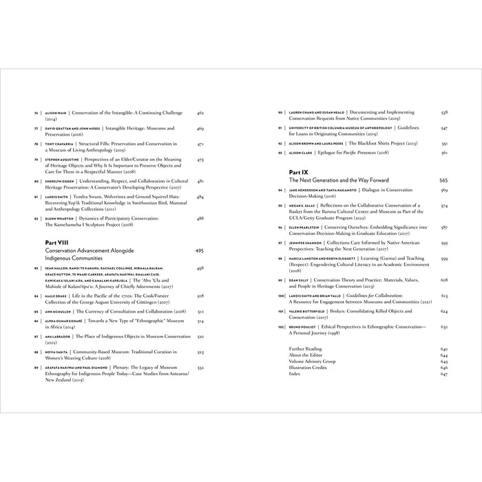 A printed book or booklet page showing a table of contents with black text on a white page, including section headings such as Part IX and page numbers.