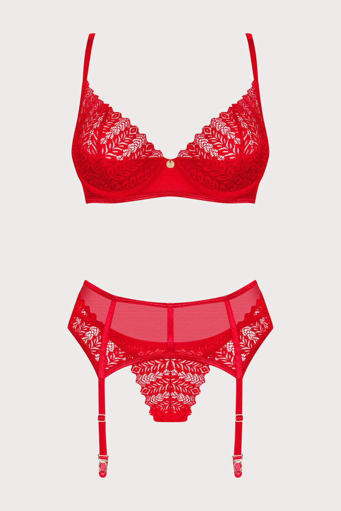 Obsessive Ingridia Bra, Thong & Suspender Set Red