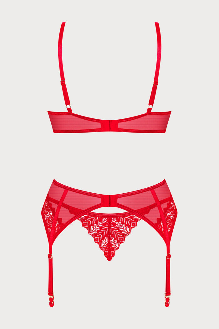 Obsessive Ingridia Bra, Thong & Suspender Set Red