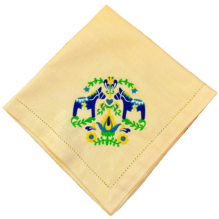 Large Square Napkin Embroidered Blue Dala Horse & Flowers on Cream