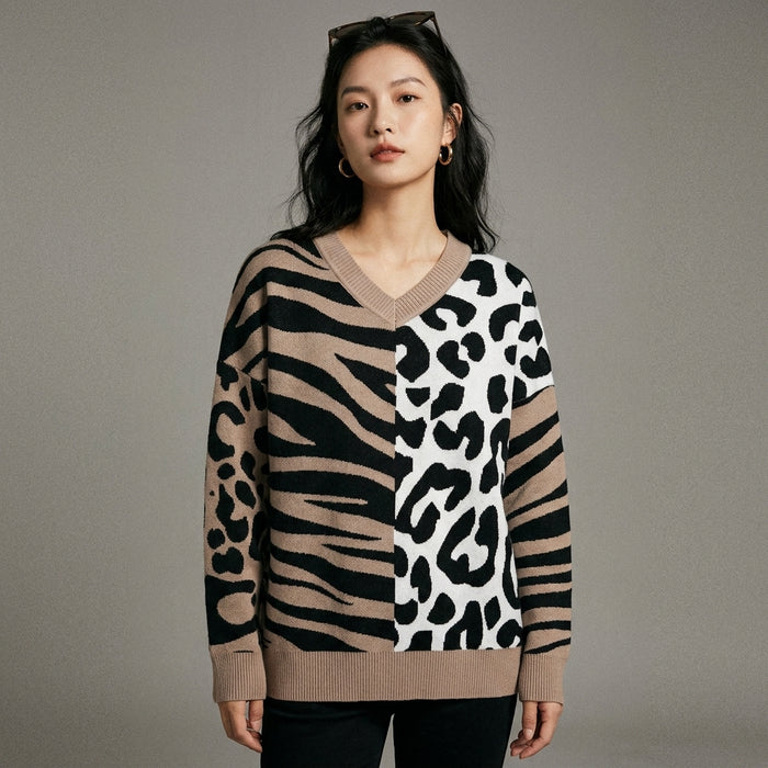 Pull léopard col V manches longues color block - Koreanxwear - Taille One Size