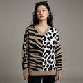 Pull léopard col V manches longues color block - Koreanxwear - Taille One Size