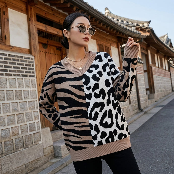 Pull léopard col V manches longues color block - Koreanxwear