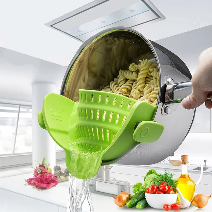 LMXA Steady-Drain Clip-On Pot Strainer – Ergonomic One-Handed Silicone Colander, Arthritis-Friendly Kitchen Strainer Guard for Pots, Pans, and Bowls