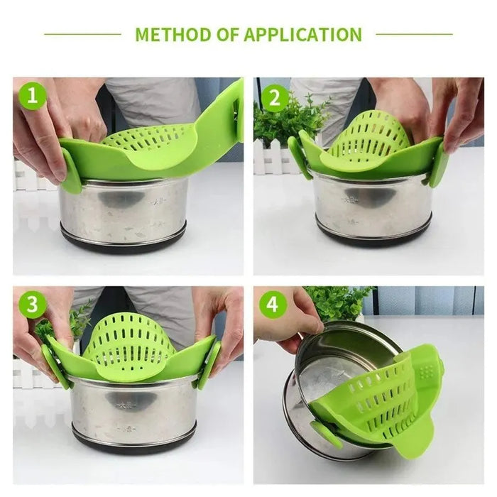 LMXA Steady-Drain Clip-On Pot Strainer – Ergonomic One-Handed Silicone Colander, Arthritis-Friendly Kitchen Strainer Guard for Pots, Pans, and Bowls