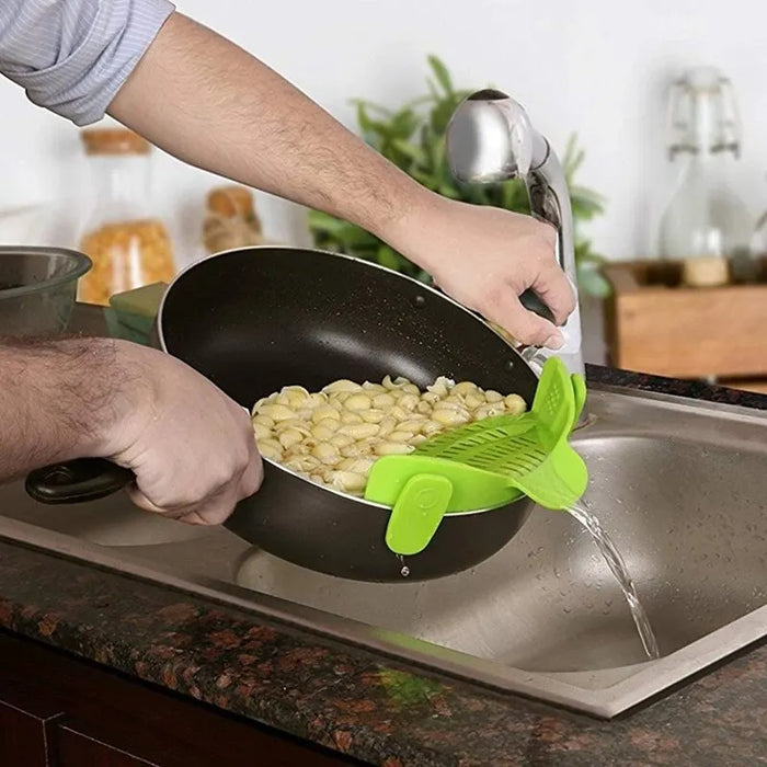 LMXA Steady-Drain Clip-On Pot Strainer – Ergonomic One-Handed Silicone Colander, Arthritis-Friendly Kitchen Strainer Guard for Pots, Pans, and Bowls