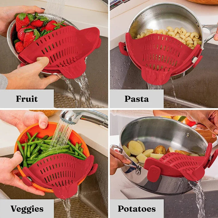 LMXA Steady-Drain Clip-On Pot Strainer – Ergonomic One-Handed Silicone Colander, Arthritis-Friendly Kitchen Strainer Guard for Pots, Pans, and Bowls